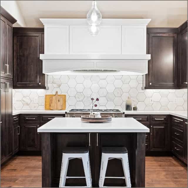 front view of brown cabinets with island