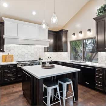 side view of brown cabinets with island